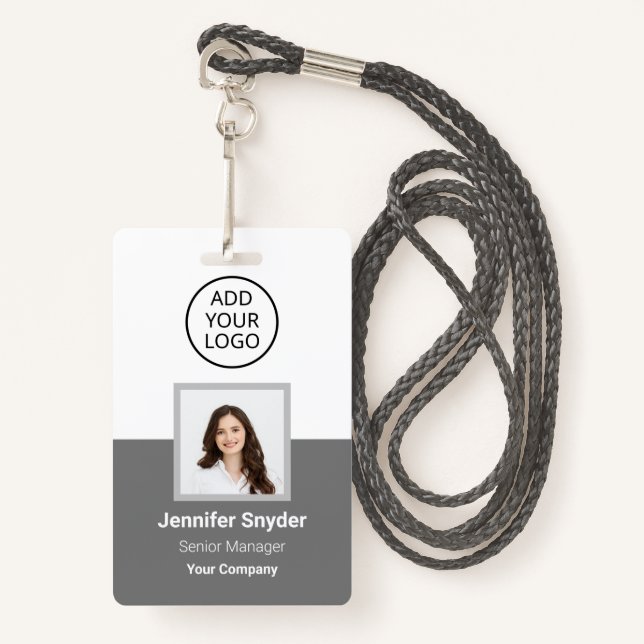 Badge Gray, ID photo de l'employé avec code QR, société (Devant avec lanière)