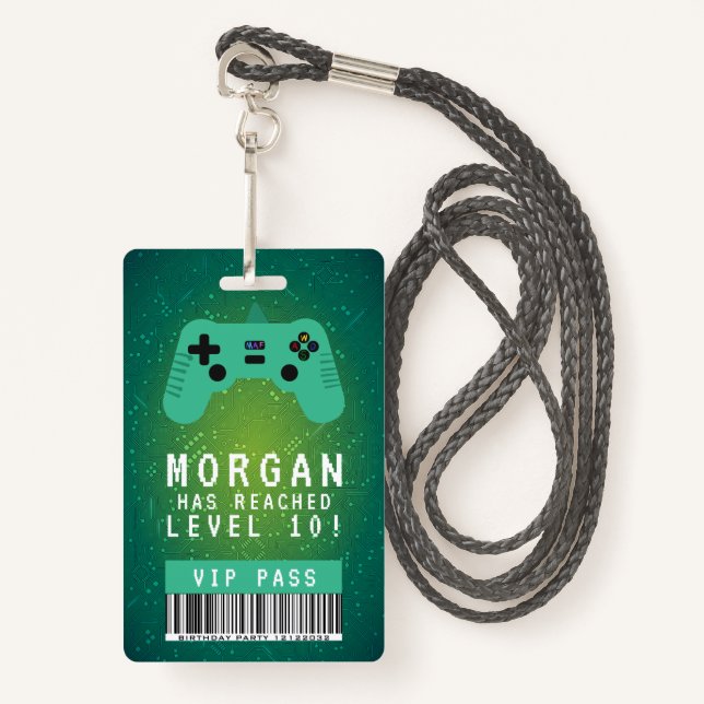 Badge Green Gamer VIP Pass Invitation d'anniversaire (Devant avec lanière)