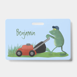 Badge Grenouille verte drôle tondeuse à gazon dessin ani