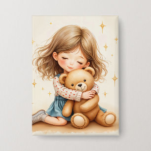 Badge Gros câlins - Jolie fille serrant l'ours en peluch