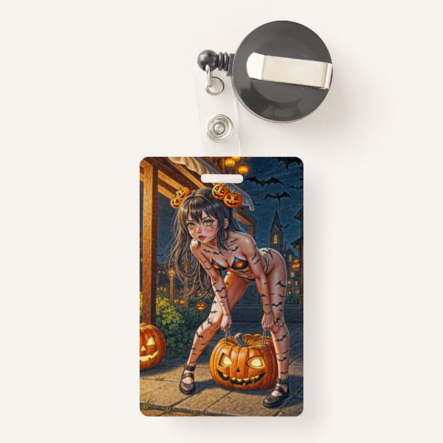 Badge Halloween Monster Jack-o-Lantern & Bat Vixen Girl (Back with Retractable)