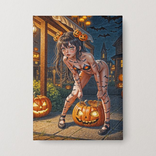 Badge Halloween Monster Jack-o-Lantern & Bat Vixen Girl (Recto)