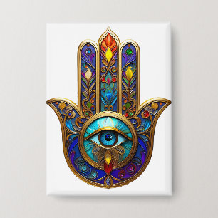 Badge Hamsa Coloré Or Turquoise Saphir Troisième Œil