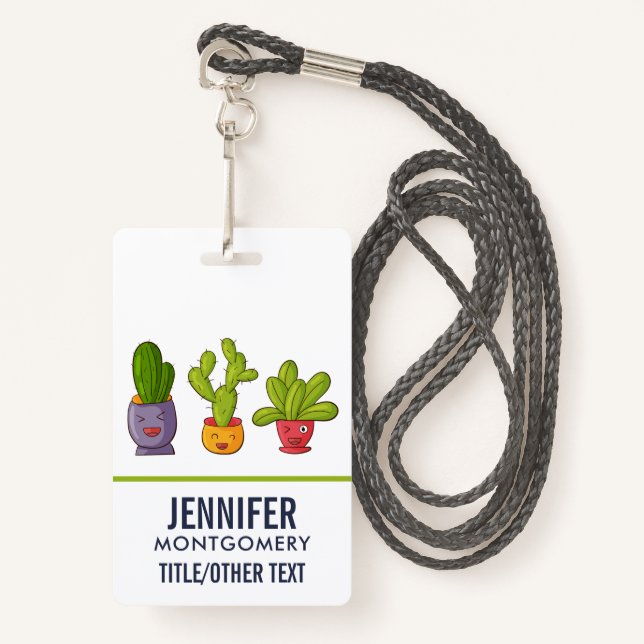 Badge Happy Cute Cactus dans les pots de fleurs Illustra (Devant avec lanière)