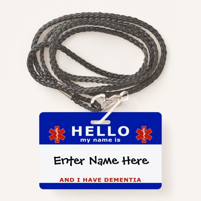 Badge HELLO j'ai des informations d'urgence sur la démen (Devant avec lanière)