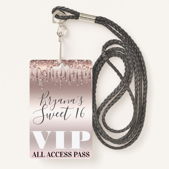Badge Icy Rose Parties scintillant Gold Drips Sweet 16 V (Devant avec lanière)