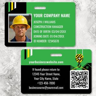 Badge ID de construction personnalisé Code QR vert noir