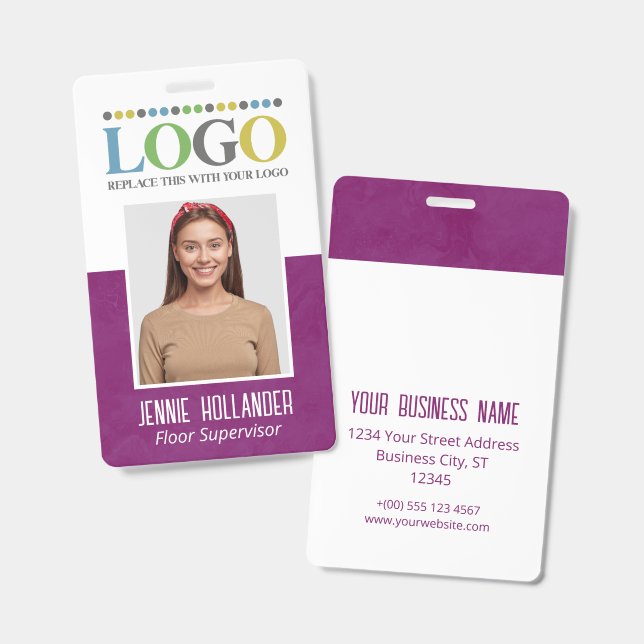 Badge ID de l'employé Violet Professionnel Votre logo ic (Avant & arrière)