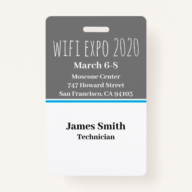 Badge ID d'exposition gris vertical, blanc et bleu (Devant)