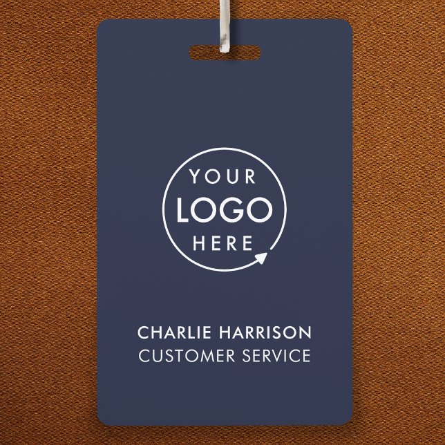 Badge ID logo bleu marine | Personnel d'entreprise moder (Navy blue company branded staff ID badges for business events & employee identification.)