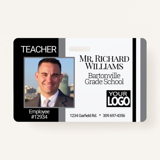 Badge ID photo de l'école - noir, blanc et gris (Devant)