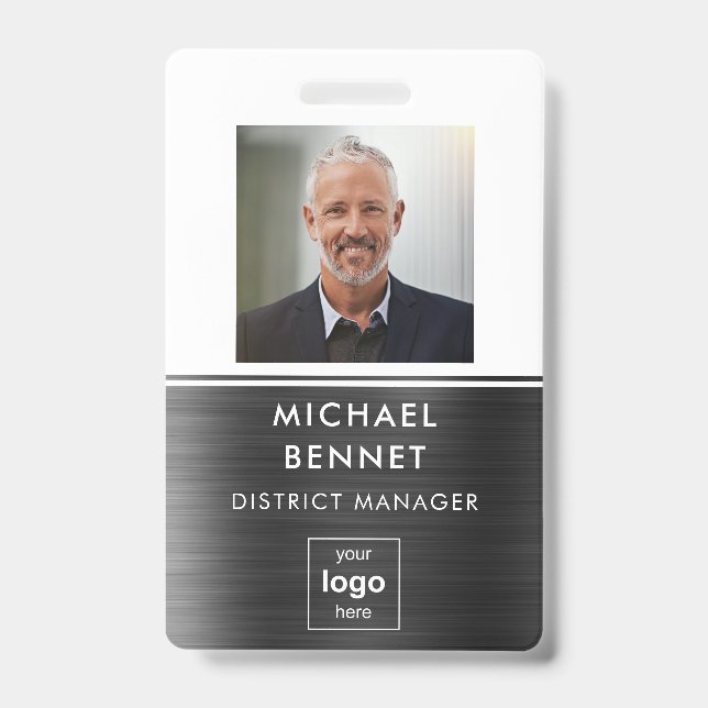 Badge ID photo de l'employé de Black White Metal moderne (Front)