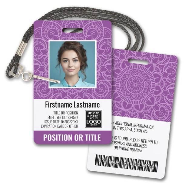 Badge ID photo de l'employé - mandala moderne, logo, cod (Plastic ID Badge - Customize with Employee Photo and Credentials. Purple Mandala Accents)