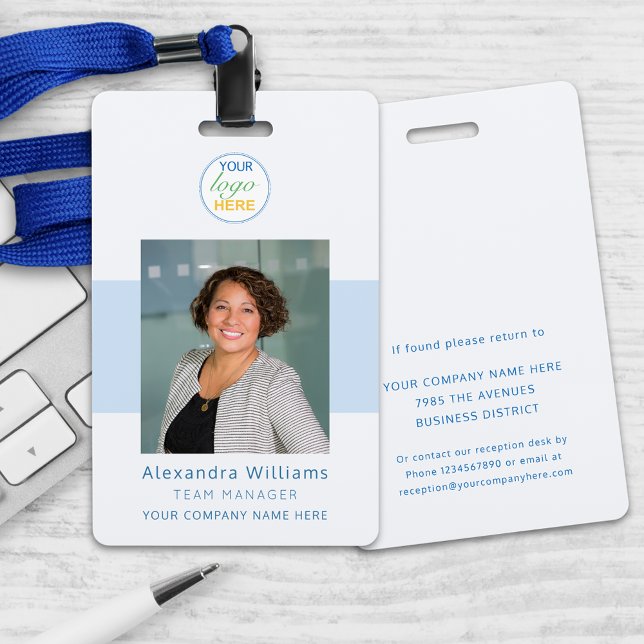 Badge ID photo de l'employé Sécurité du logo de la socié (Custom photo id your logo here security badge Blue and gray lanyard modern professional design )