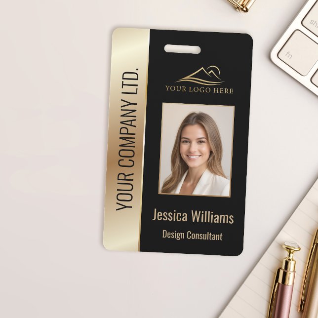 Badge ID photo employé QR Code à barres Votre logo Black (Créateur téléchargé)