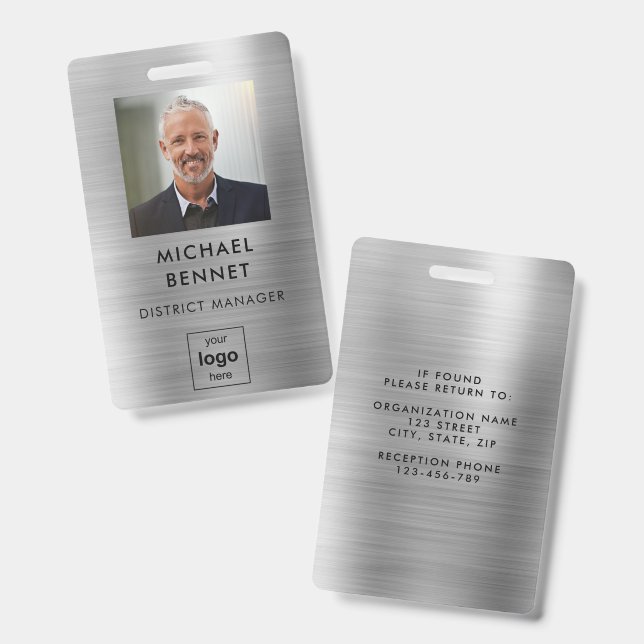 Badge ID photo employé Silver moderne (Front & Back)