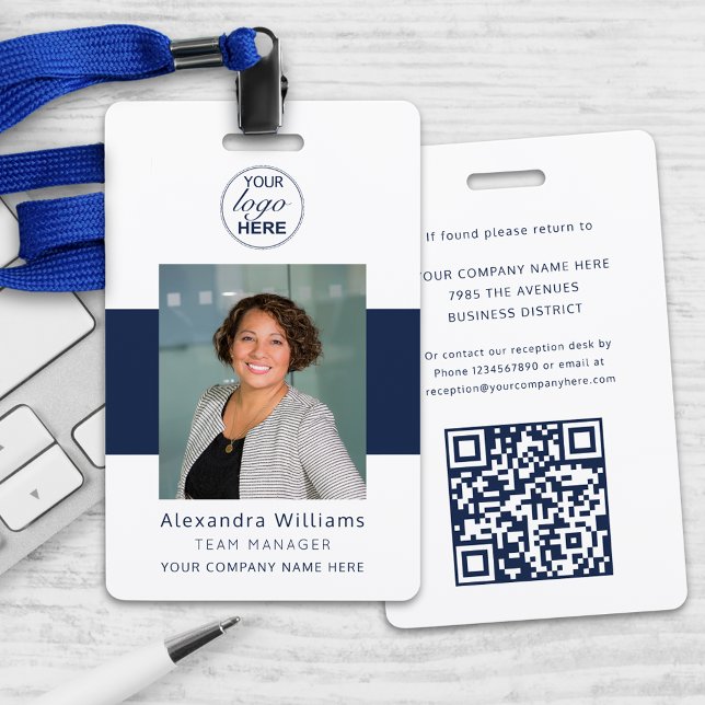 Badge ID photo employé Votre logo ici QR Code de sécurit (Navy blue and white custom employee photo id company logo and qr code scan security badge lanyard)