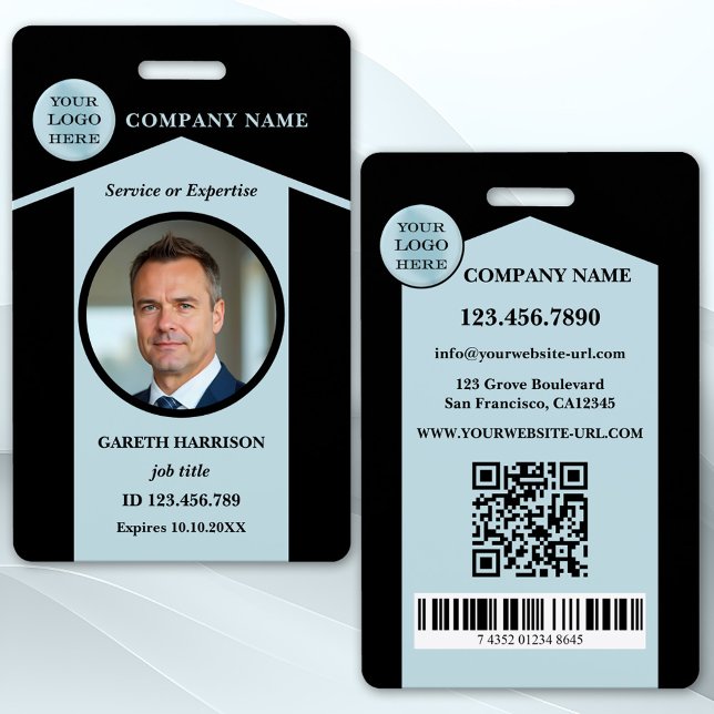 Badge ID photo noir professionnel (Photo ID badge featuring your custom photo and logo on a black and dusty blue design)