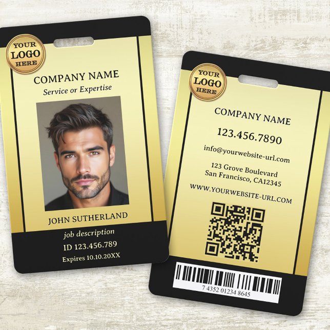 Badge ID photo noir professionnel Gold (Professional staff photo ID badge featuring your photo and logo on a gold and black design)