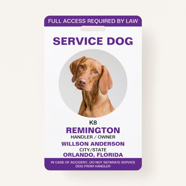 Badge Identifiant photo de chien de service blanc pourpr (Devant)