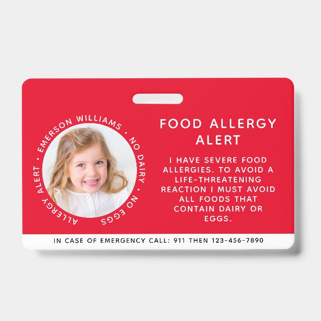 Badge Identification de l'enfant Alerte d'allergie ID d' (Face)