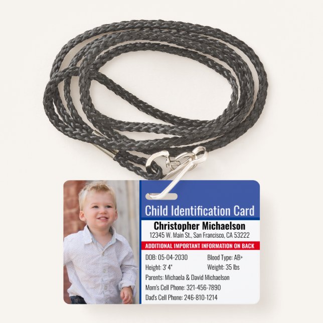 Badge Identification de l'identité de l'enfant Allergie  (Devant avec lanière)