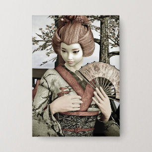 Badge Illustration vintage d'un éventail de geisha en ki