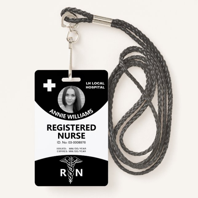 Badge Infirmière autorisée caduceus noir, blanc id photo (Devant avec lanière)