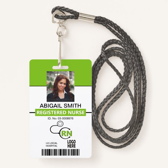 Badge Infirmière autorisée modèle photo vert de chaux RN (Devant avec lanière)