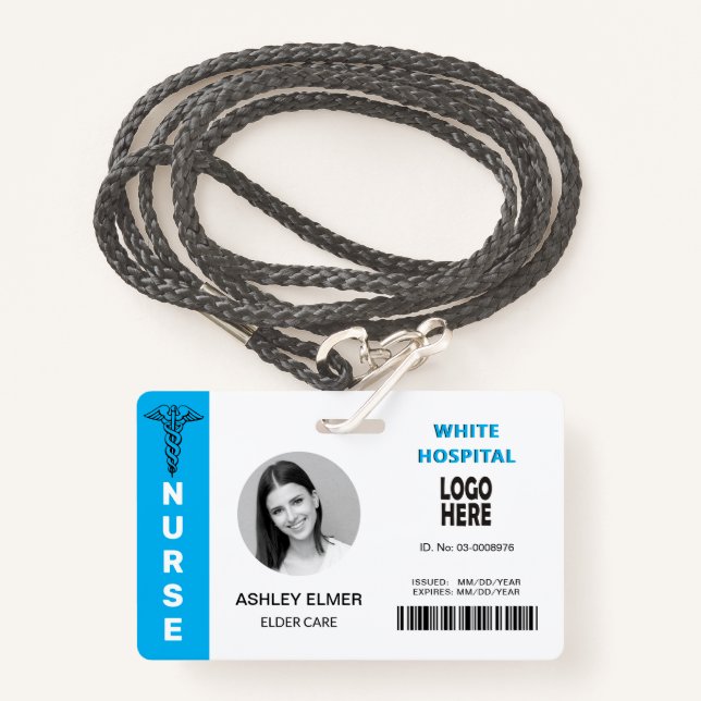 Badge Infirmière de soins aux aînés ID bleu modèle photo (Devant avec lanière)