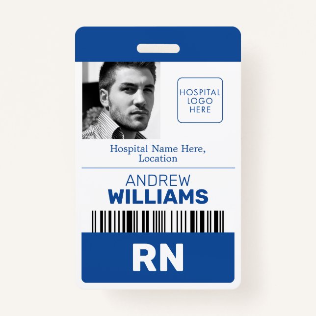 Badge Infirmière inscrite ID RN Bleu et Blanc Logo Photo (Devant)