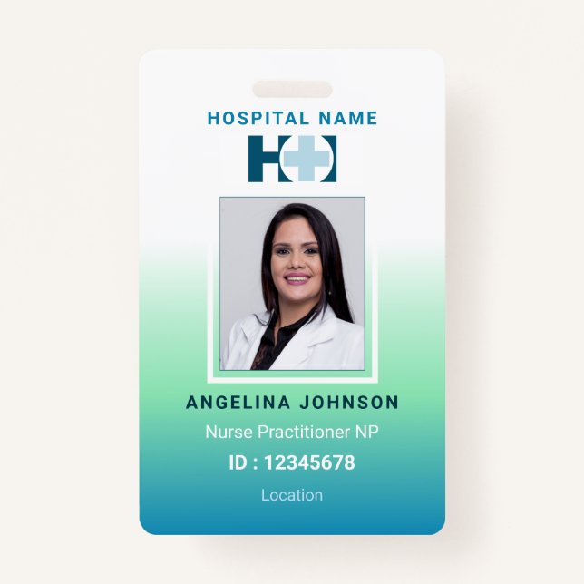Badge Infirmière Praticien NP Blue Green Nom et ID photo (Devant)