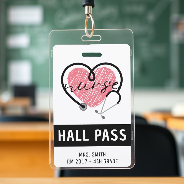 Badge Infirmière Stethoscope Coeur rose Passe Hall blanc (Nurse Stethoscope Pink Heart Hall Pass Badge
)