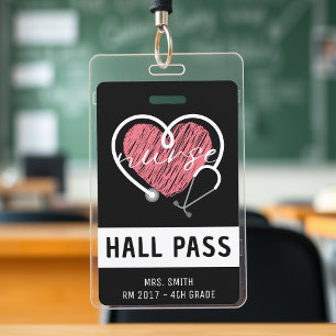 Badge Infirmière Stéthoscope Rose Cœur Noir Laissez-pass