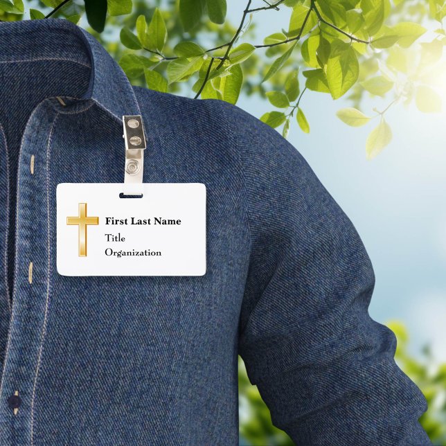 Badge Insigne de nom avec Croix d'or chrétienne (Modern Christian name badge, customize for special events, meetings, and presentations.)
