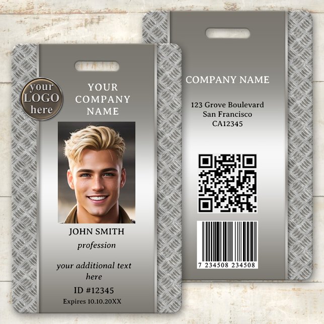 Badge Insigne d'identification photo de l'employé métall (Photo ID badge in metallic construction style with space for your custom photo and logo)