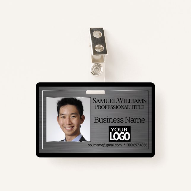 Badge Insigne photo d'entreprise - Acier en brosse noire (Devant avec clip)