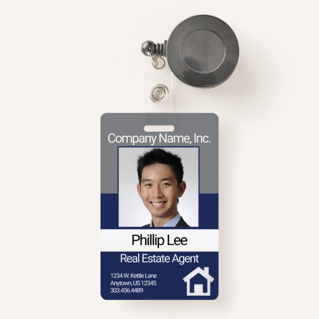 Badge Insigne photo professionnel - gris / bleu (Front with Retractable)