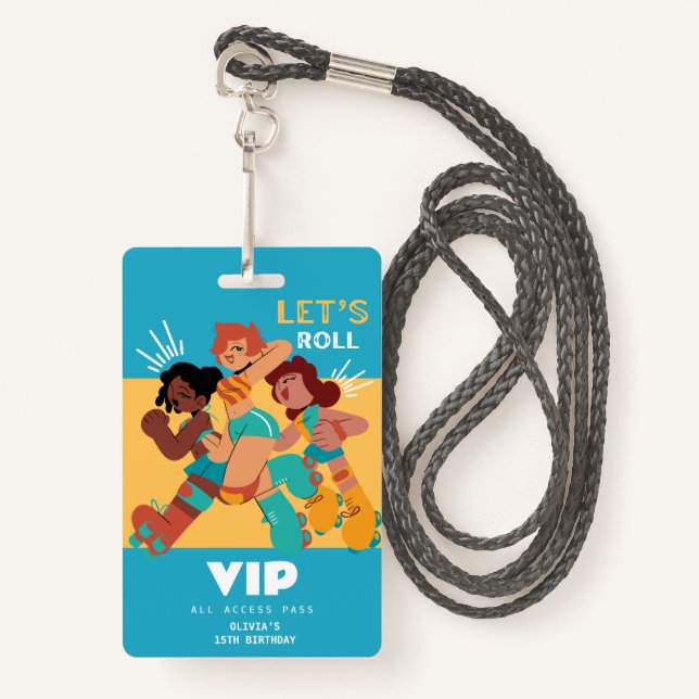 Badge Invitation d'anniversaire de fille patineuse VIP (Devant avec lanière)
