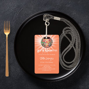 Badge Invitation d'anniversaire de la fête Disco corail 