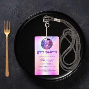 Badge Invitation d'anniversaire Disco party rose hologra