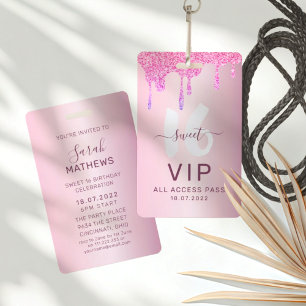 Badge Invitation d'anniversaire VIP rose pailleté pour l