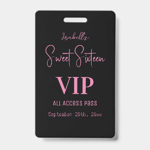 Badge Invitation élégante rose script Sweet Sixteen VIP