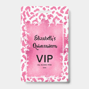 Badge Invitation Quinceañera VIP Pass Léopard Rose Blanc