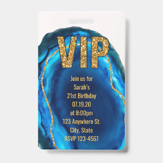 Badge Invitation VIP Anniversaire Géode Agate Bleu Or