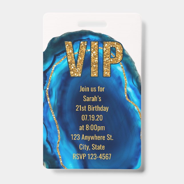 Badge Invitation VIP Anniversaire Géode Agate Bleu Or (Avant)