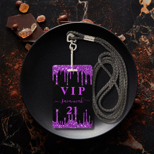 Badge Invitation VIP anniversaire noir violet paillettes