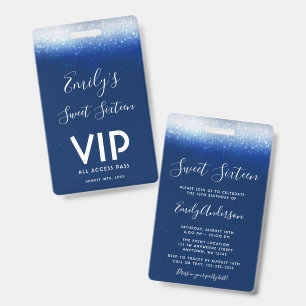 Badge Invitation VIP Pass Glam Bleu Marine Sweet 16
