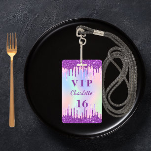 Badge Invitation VIP violet parties scintillant arc-en-c