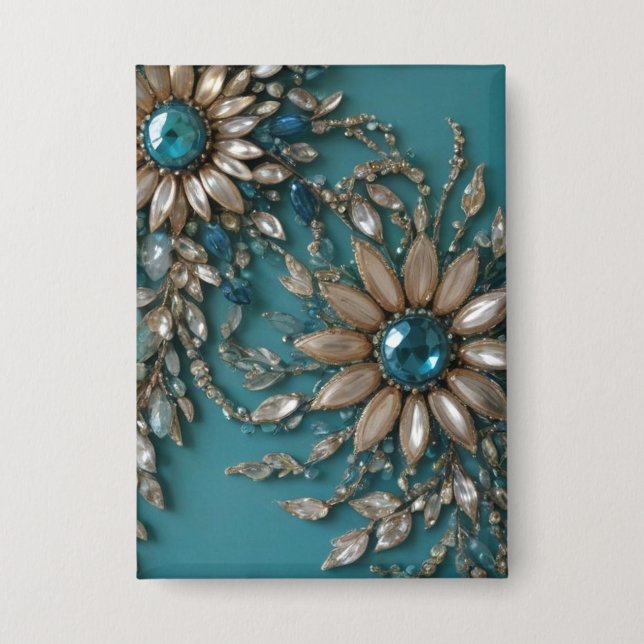 Badge Iridescent teal glass beads rectangle button (Recto)